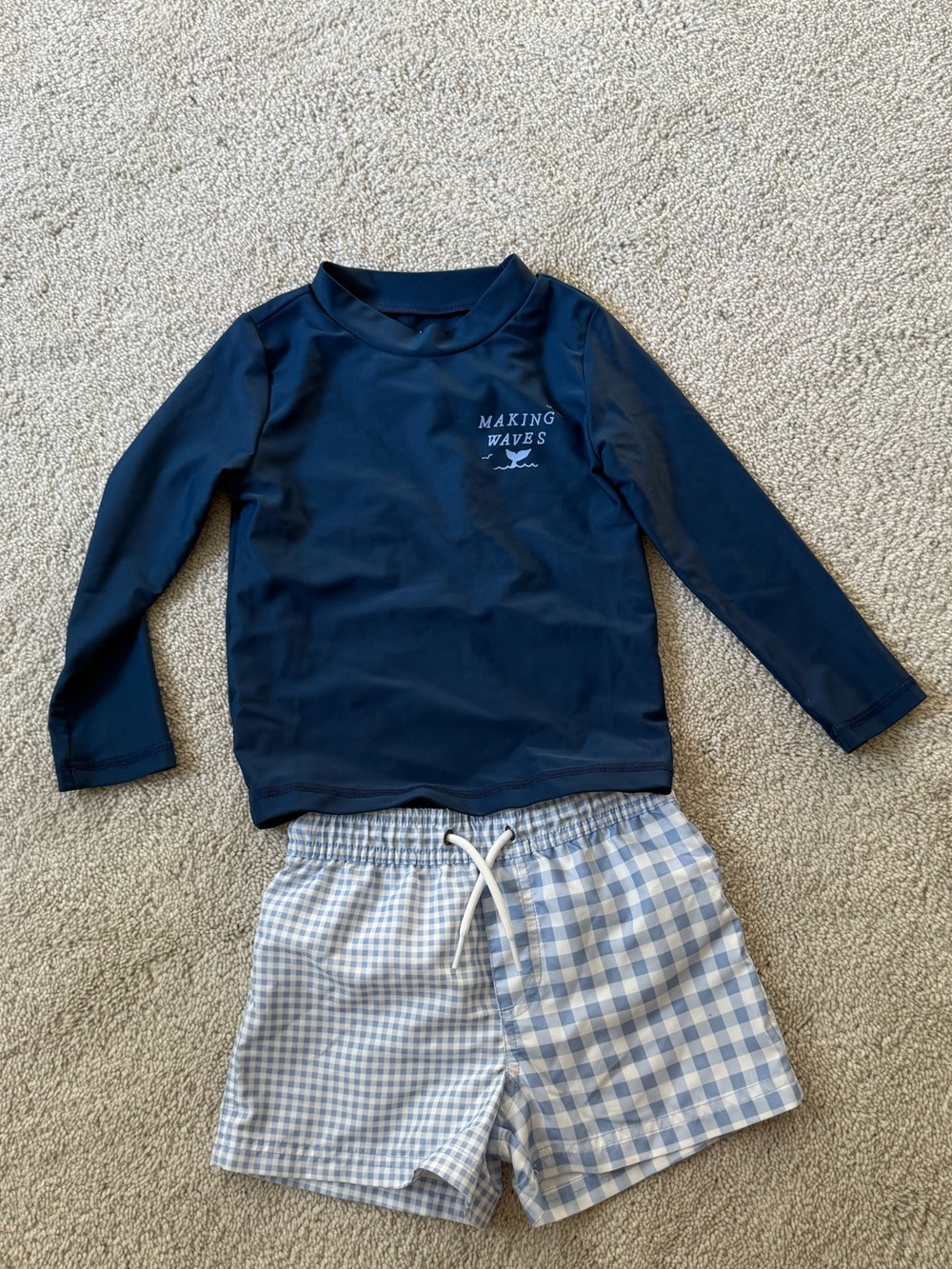 Carter's Navy Blue Long Sleeve Rashguard with Light Blue Gingham Swim Shorts
